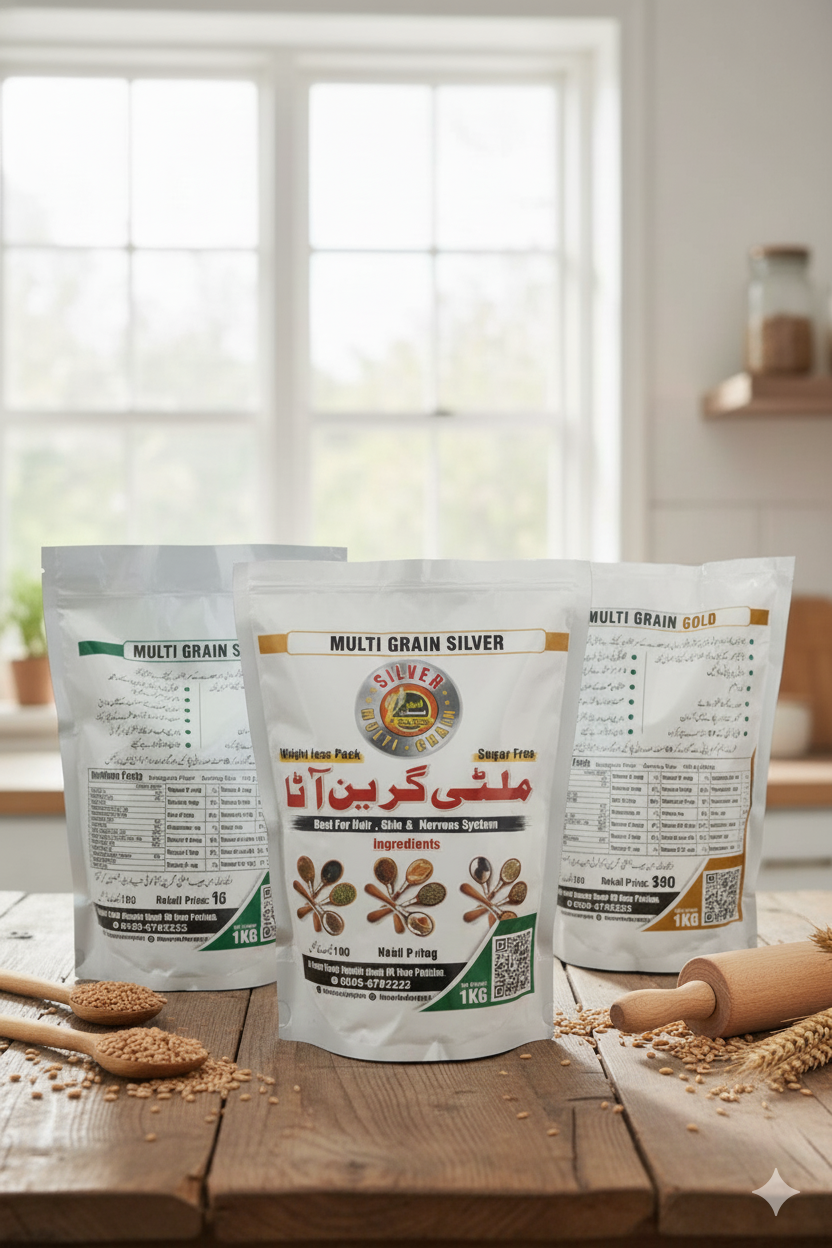 “Organic Multi Grain Gold Atta packaging – nutritious high fiber flour blend”